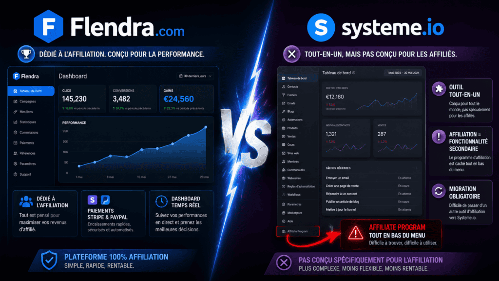 Flendra vs Systeme.io affiliation : quelle plateforme choisir en 2026 ?